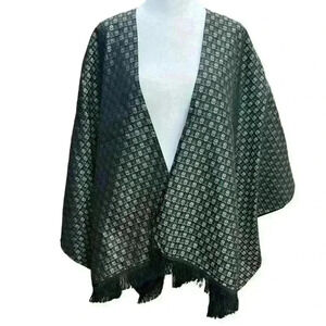 Unique fringed wrap cape with metallic green & gold indigenous figures OSFM
